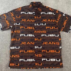 Y2K/2000s FUBU Logo AOP HipHop Orange And Blue Button Down Shirt Size XL